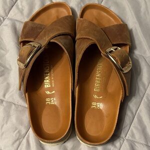 Birkenstock Brown Leather Buckle Slide Sandals